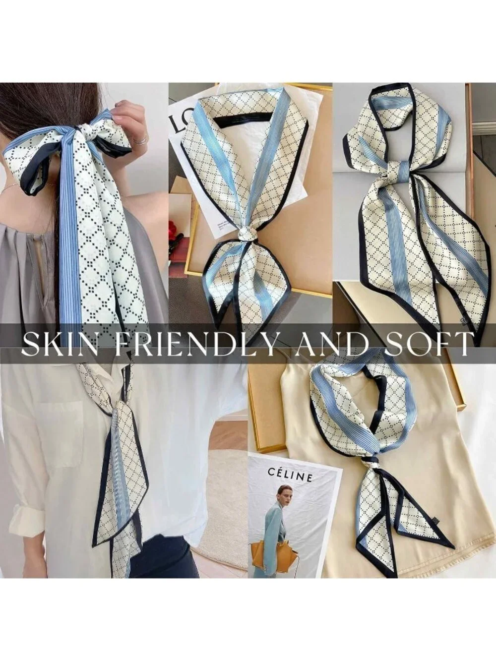 Women's Blue White Fashion Silky Satin Headscarf Wrap Lightweight Scarves Scarf